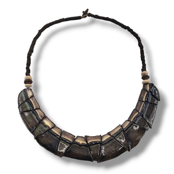Vintage Polymer Clay Ceramic Flat Slice Collar Necklace Neutral Tone - Picture 2 of 9